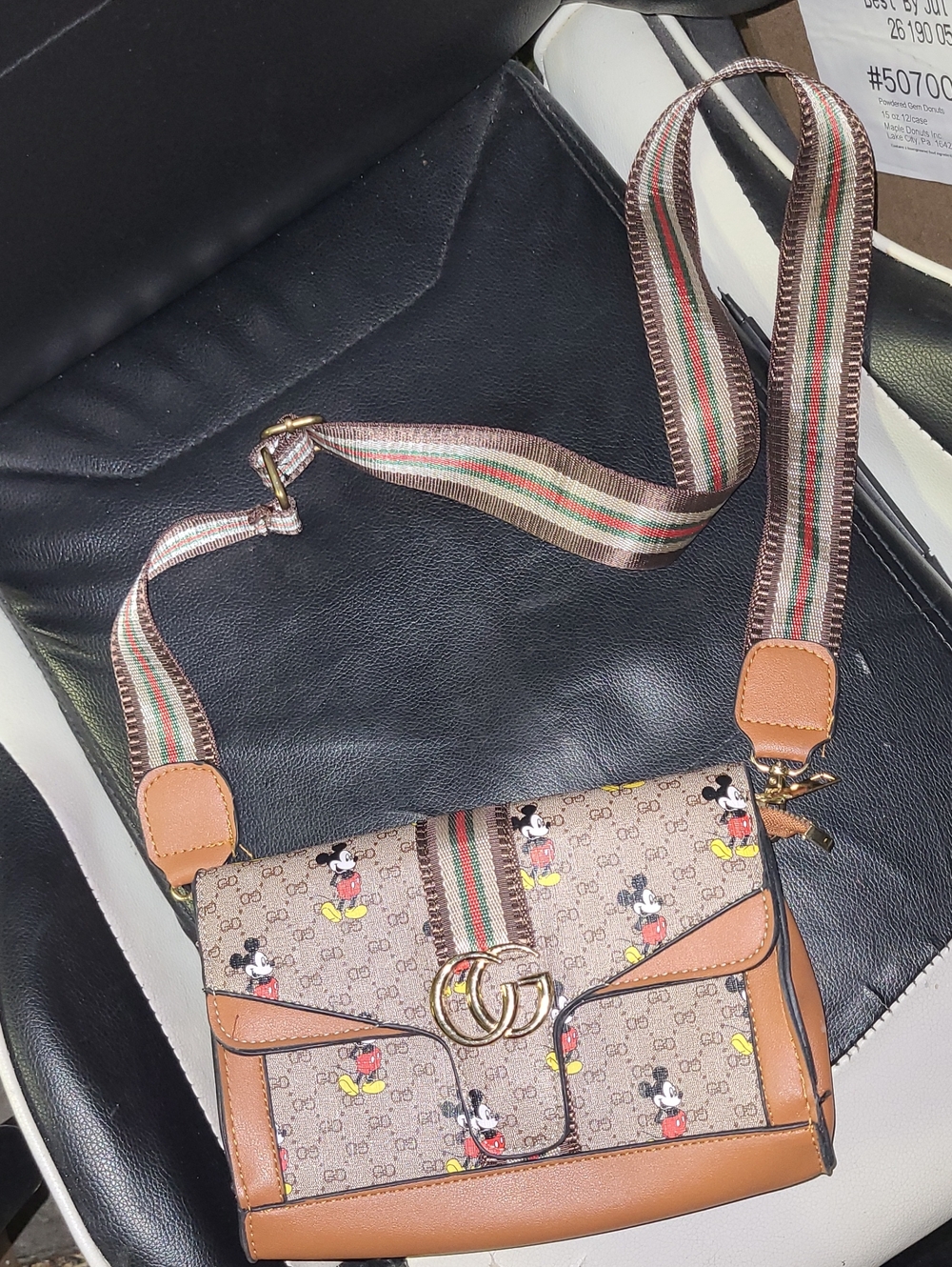 Mickey Mouse Fashion Brown/Beige GG Canvas Shoulder Bag with Mickey Print